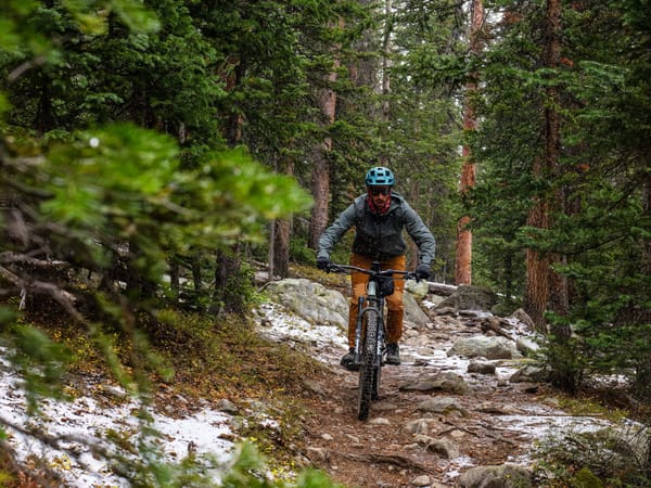 mountain biking in a wooded forest in snow